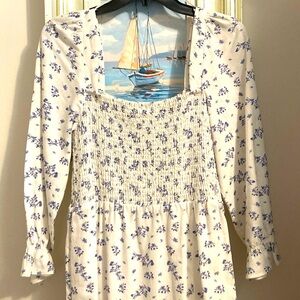 Floral Smocked Dress with Blue and White Pattern